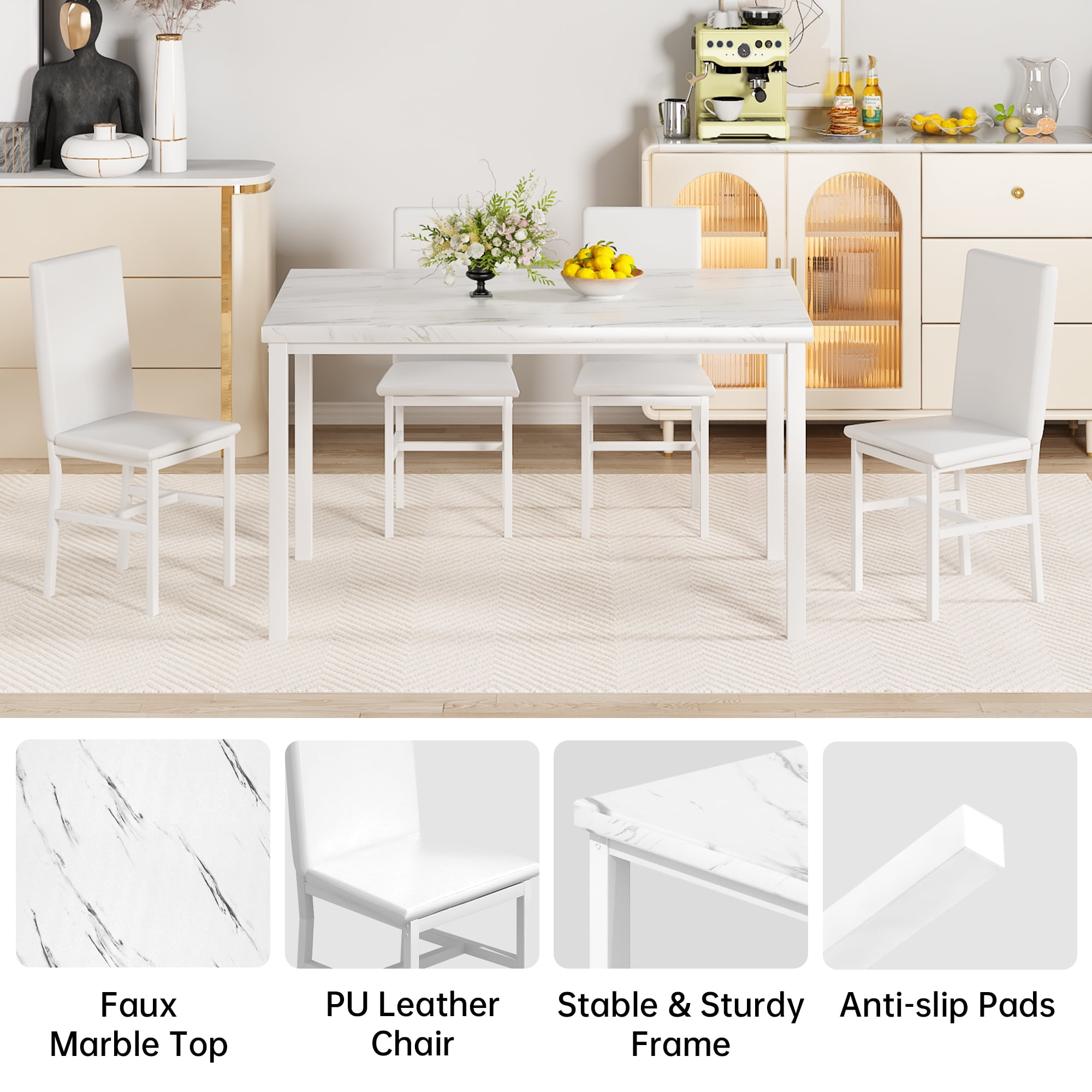 Cvortll 5 Pieces Dining Room Table Set for 4, Space Saving Kitchen Table and Chairs , Set with 4 Upholstered PU Leather Chairs and Faux Marble Tabletop, All White