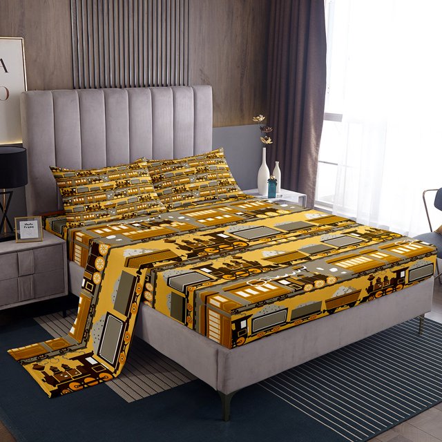 Erosebridal Cartoon Rail Sheet Set King, Transportation Train Bedding Sets King Size, Vehicle Decor 4pcs