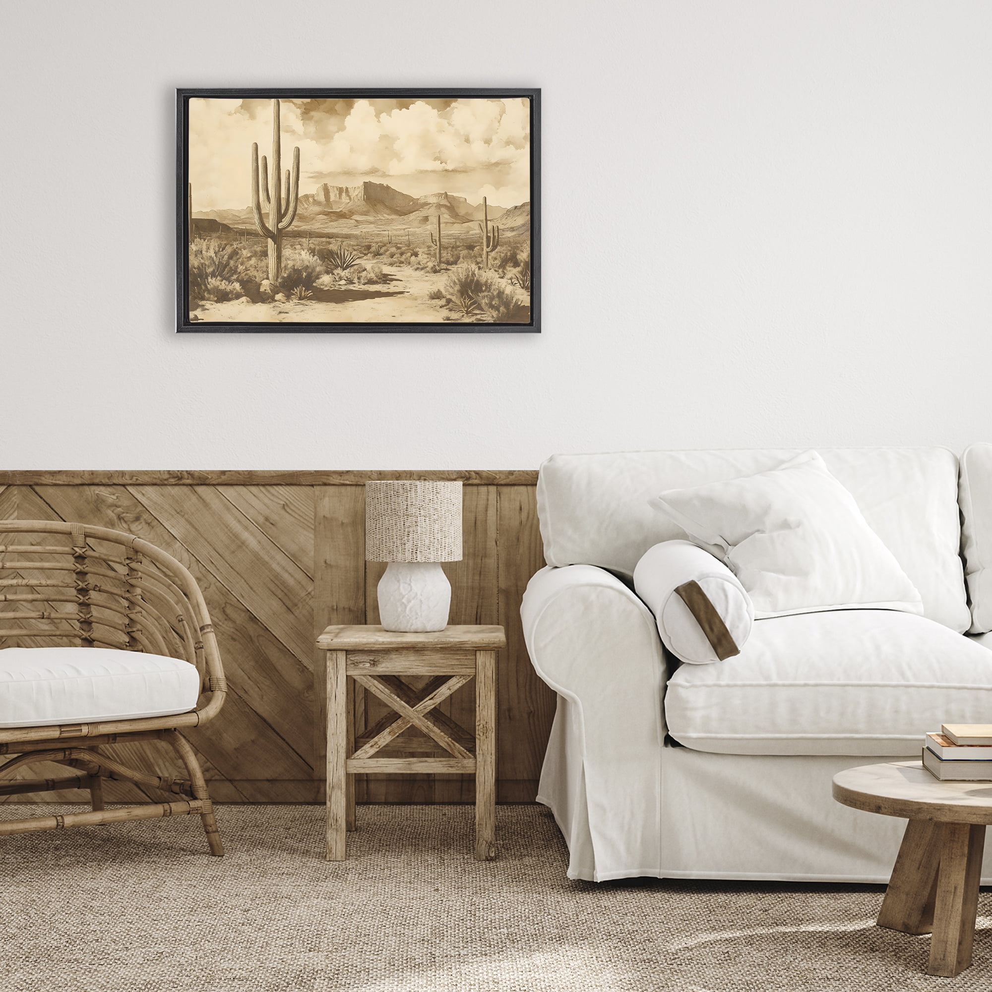 Stupell Industries Vintage Desert Peaks with Saguaro Black Framed Floater Canvas Wall Art, design by Franklyn Gregory