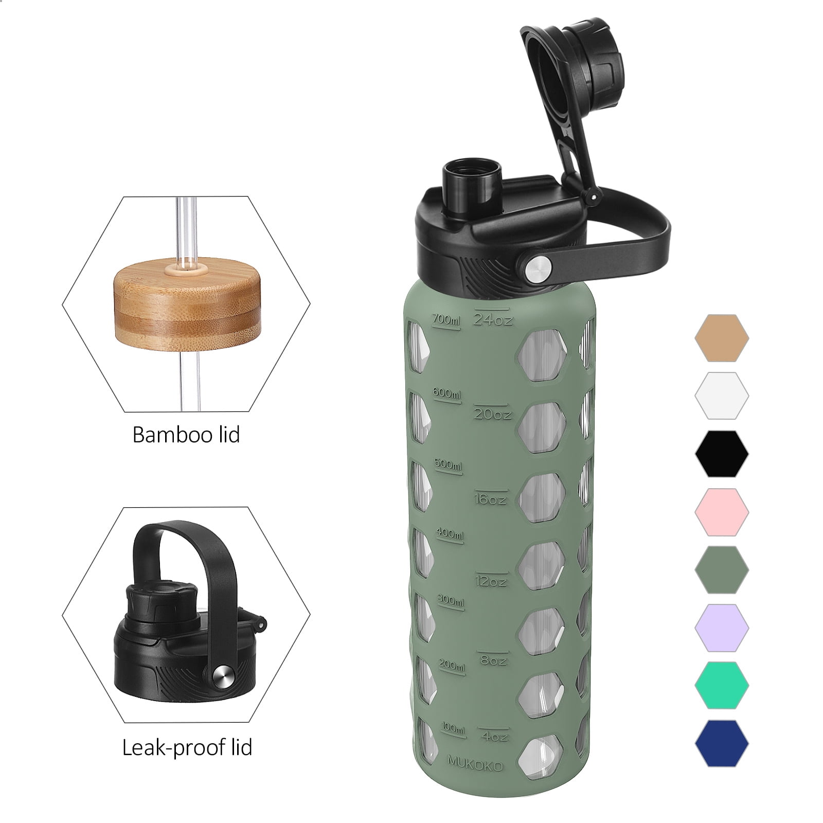 MUKOKO 24oz Glass Water Bottle, Motivational Water Tumbler with 2 Lids and Straw, Time Marker Silicone Sleeve, Olive