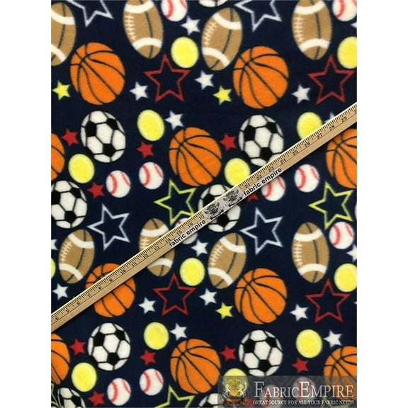 Fabric Empire 58/60" Polyester Fleece Sports Balls and Stars Sewing & Craft Fabric By The Yard, Navy