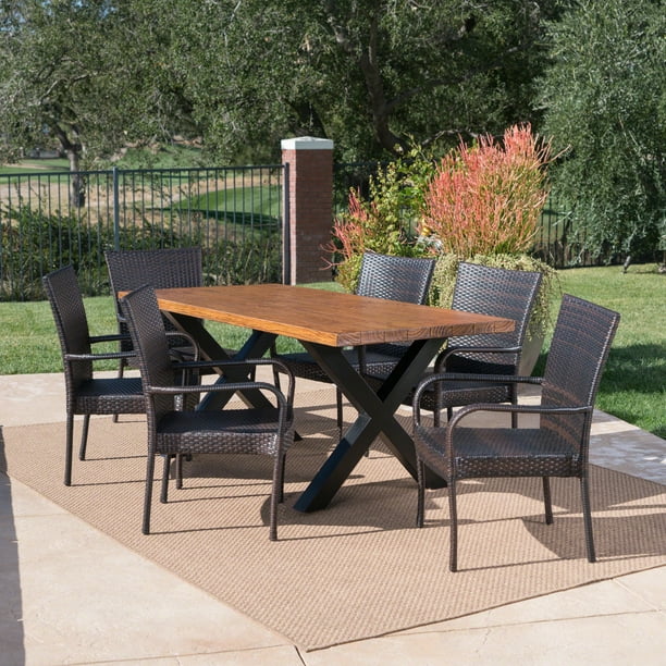 Fisher Outdoor 7 Piece Wicker Dining Set with Light Weight Concrete