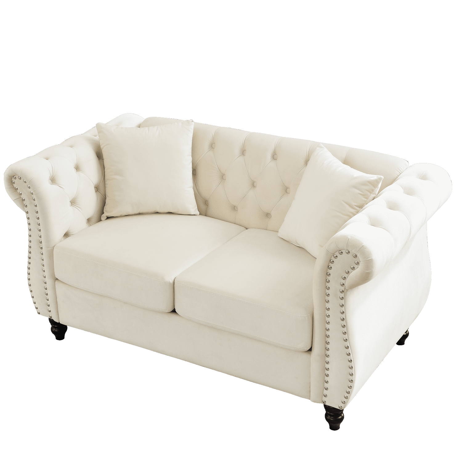 Youmumeub 58.8" Compact Chesterfield Velvet Loveseat Beige 2-Seater Tufted Nailhead Trim, Low Back, Solid Wood Feet, Foam & Spring Comfort — Apartment Friendly Sofa