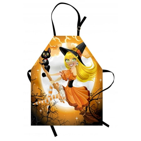Halloween Apron Cute Sexy Witch on a Broom with Baby Kitten and Hazy Moonlight Halloween Themed, Unisex Kitchen Bib Apron with Adjustable Neck for Cooking Baking Gardening, Multicolor, by Ambesonne