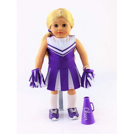 Purple Cheerleader Outfit Cheerleading Uniform with Dress, Bloomers, Poms, Megaphone, Socks, and Shoes | Fits 18