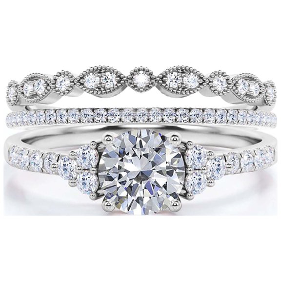 Beautiful Mid-century 2.25 Carat Round Cut Diamond Moissanite Engagement Ring, Wedding Ring in 10k Solid White Gold, Gift For Her, 7 Stone Ring, Promise Ring, Anniversary, Trio Set, Matching Band