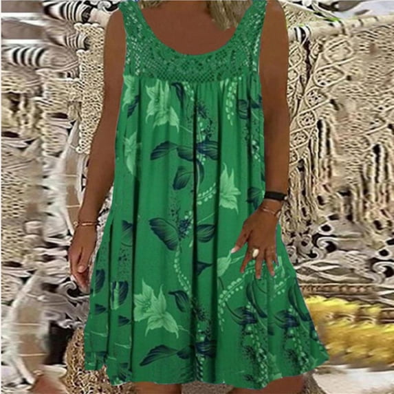 Pejock Summer Dresses for Women 2023 Round Neck Lace Patchwork Printed Loose Sleeveless Dress Green S (US Size:4)