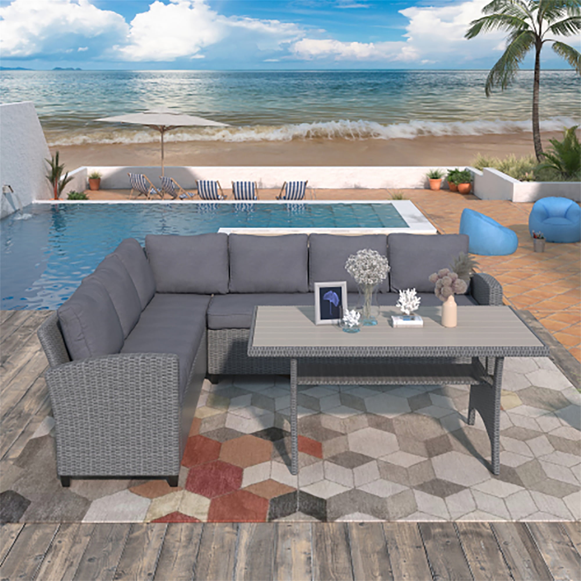 Kadyn Sectional Sofa, Patio Outdoor Furniture L Shape Sofa, Conversation Set All Weather Sectional Sofa Set with Table and Cushions, Gray Kadyn Sectional Sofa, Patio Outdoor Furniture L Shape Sofa, Conversation Set All Weather Sectional Sofa Set with Table and Cushions, Gray