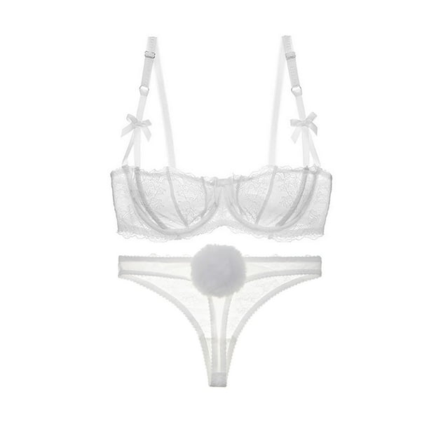 Women's Lace Unlined Balconette Demi-Cup Underwire Sheer Bra and See  Through Thong 