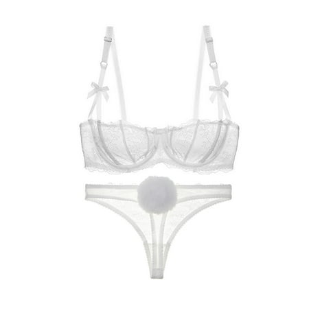 

Women s Lace Unlined Balconette Demi-Cup Underwire Sheer Bra and Sexy See Through Thong