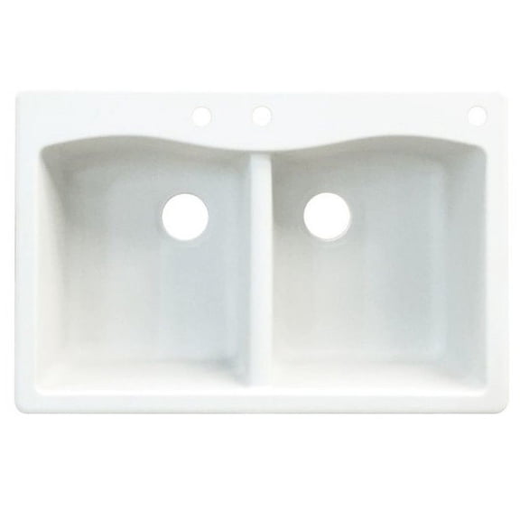 Transolid Aversa 33in x 22in silQ Granite Drop-in Double Bowl Kitchen Sink with 3 CBE Faucet Holes, In White