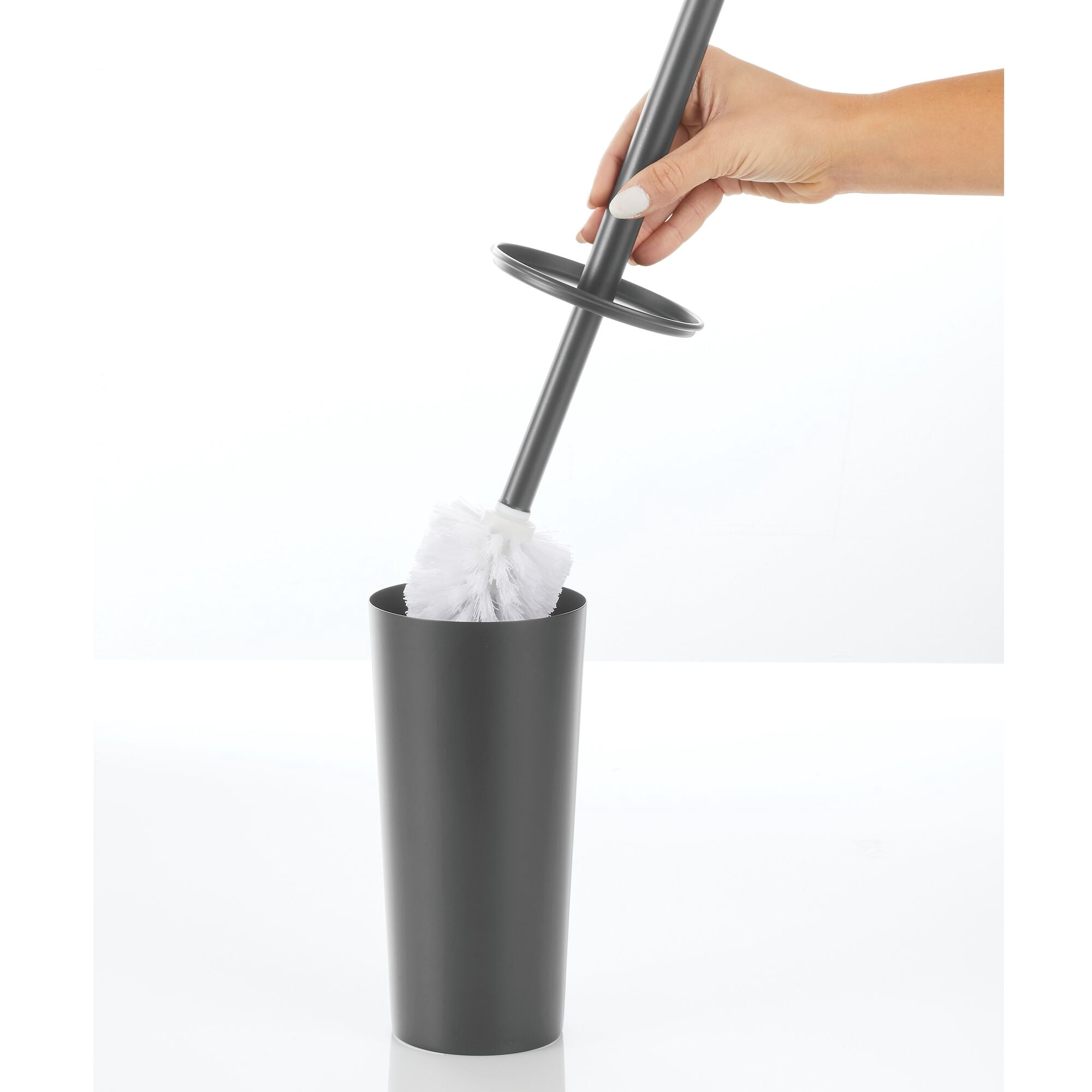 mDesign Steel Toilet Bowl Brush and Holder Combo, Storage Organizer for Bathroom Cabinet, Floor Corner - Heavy Duty Cleaning Equipment and Home Decor - Mirri Collection - Graphite Gray