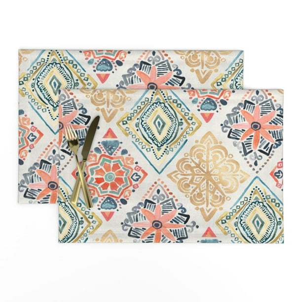 Linen Cotton Canvas Placemats (Set of 2) Pysanky Diamonds Salmon