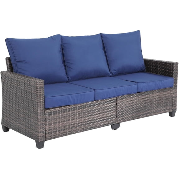 Orithm 3-Seat Navy Blue Patio Wicker Couch, High Back Outdoor Rattan Sofa with 4.3" Thick Cushion, Steel Frame Weather Resistant Patio Furniture for Backyard Garden