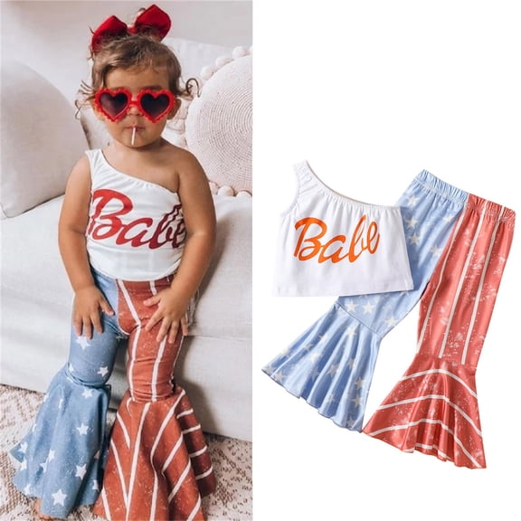Gerichy Toddler Girl 4th of July Outfits One Shoulder Tank Tops Star Stripes Flag Bell-Bottom Pants Independence Day Clothes