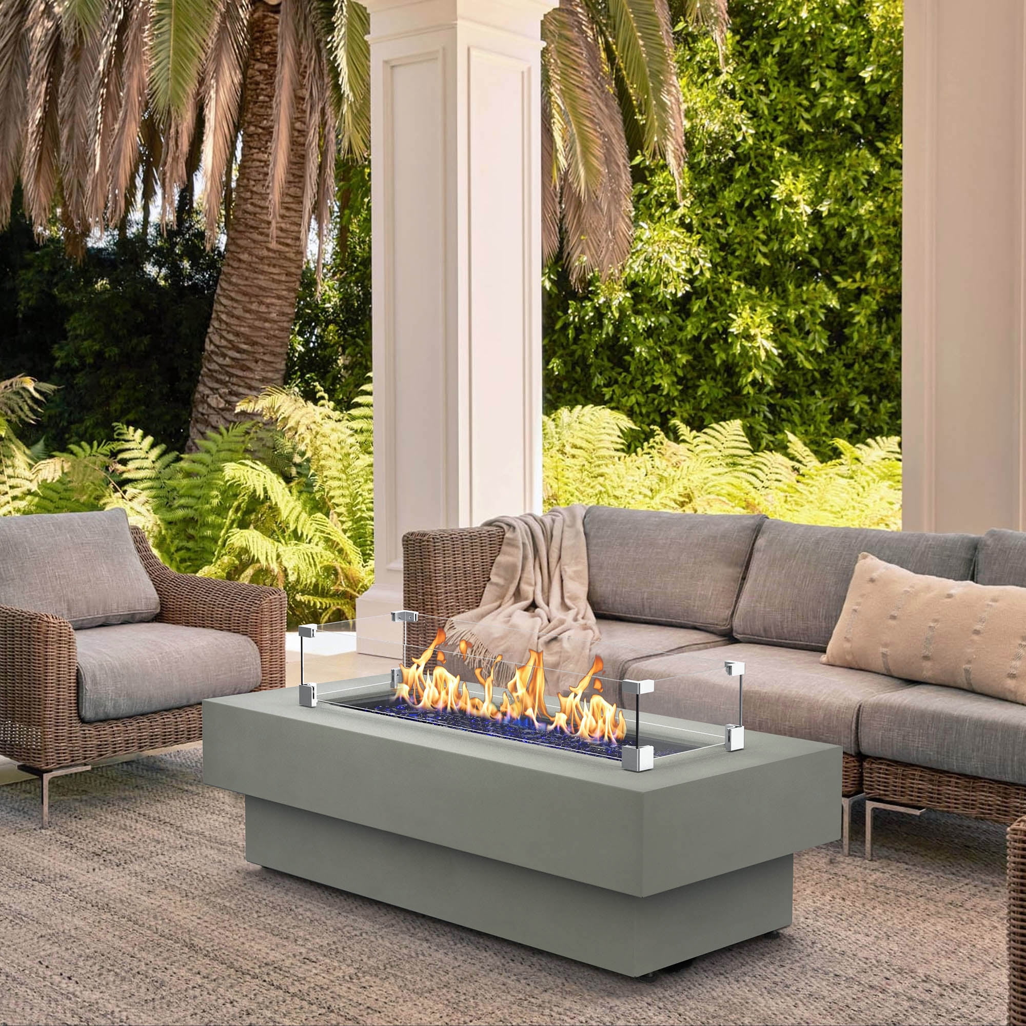 Fire Table, 50,000 BTU Modern Propane Gas Fire Pit Table with Lid, Glass Rocks, Cover, Wind Glass Shield