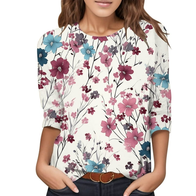 WEAIXIMIUNG T-Shirts pour Femmes Coupe Ample Graphique Col Rond Manches Trois-Quarts Imprimé Mode Décontractée T-Shirt Blouse Tops