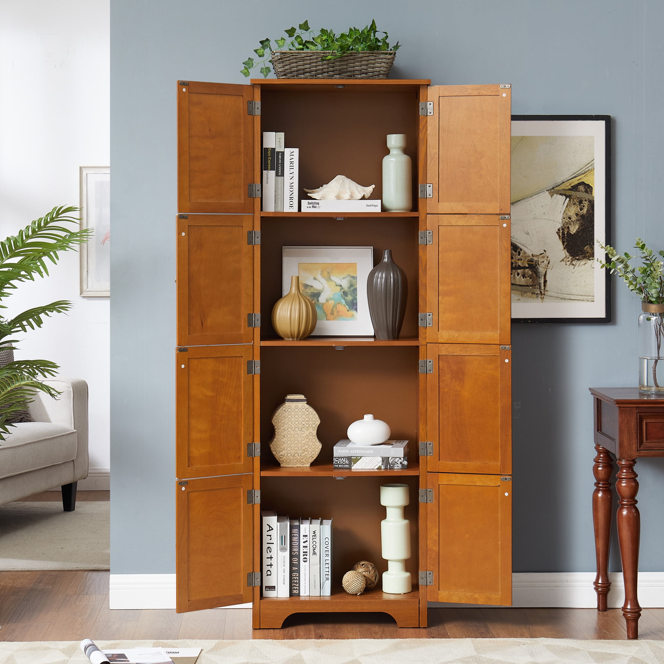 Noble House Vandal 72.4" Tall Storage Cabinet, 8-Door Freestanding Pantry Bookshelf with Shelves, Kitchen, Oak