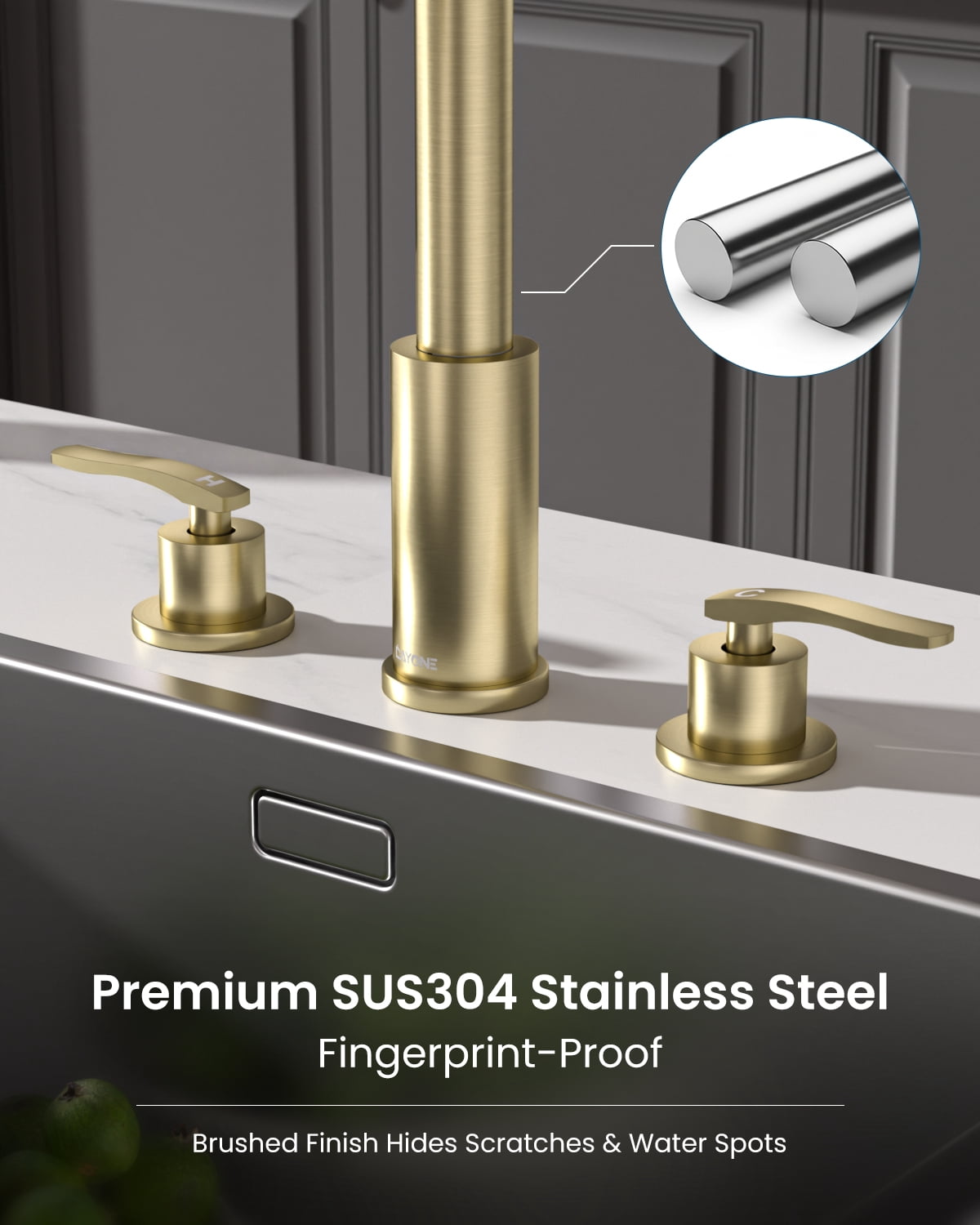 DAYONE Brushed Gold 3 Hole Kitchen Faucet with Separate Handle and Pull Down Sprayer, 2 Handle Sink Faucets for Kitchen/RV with Soap Dispenser Stainless Steel