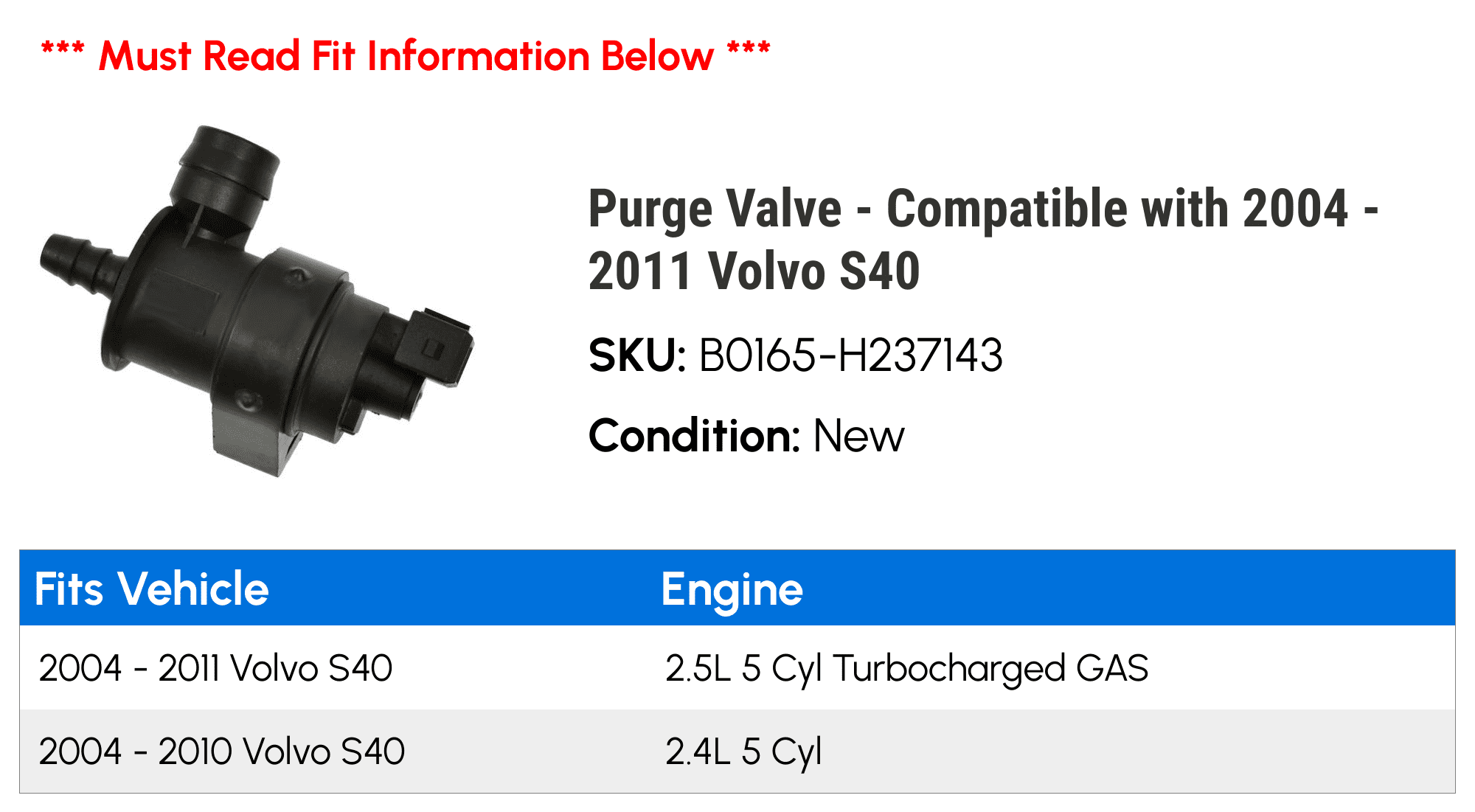Purge Valve - Compatible with 2004 - 2011 Volvo S40 2005 2006 2007 2008 2009 2010