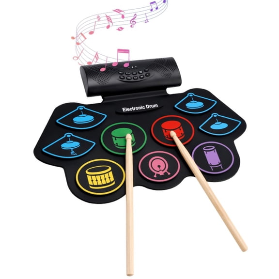 VIPQV Electronic Drum Set, 9-Drum Practice Pad with Headphone Jack, Hand-roll Drum Kit Machine with Built-in Speaker Drum Pedals and Sticks 10 Hours Playtime, Great Gift for Beginners