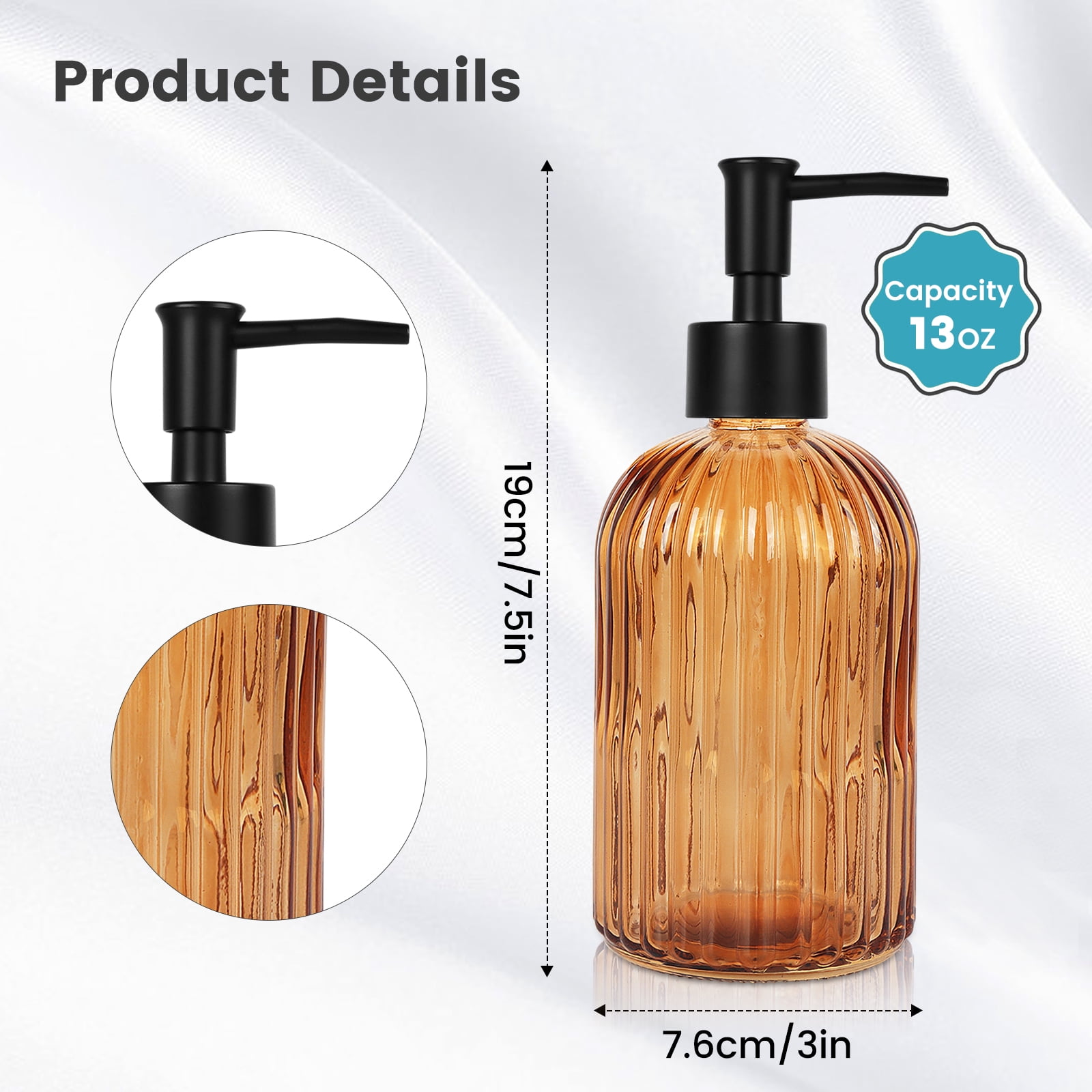 2-Pack 400ML Vertical Striped Glass Soap Dispenser - Amber Brown with Black Pump, Refillable Hand Soap Holder for Bathroom Kitchen Sink