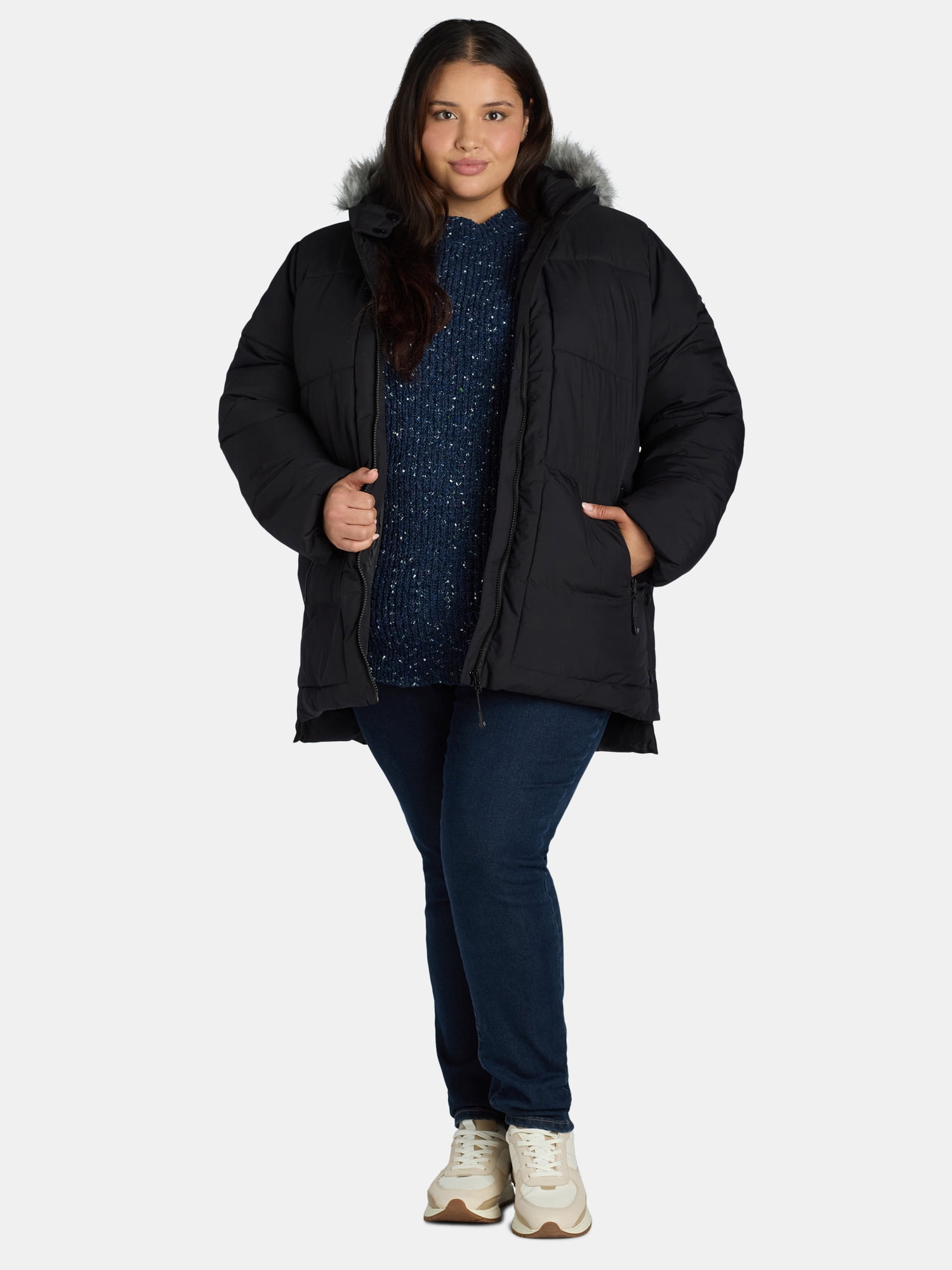 Big Chill Women's and Women's Plus Wide Quilted Puffer Coat with Faux Fur Trim Hood, Sizes S-3X