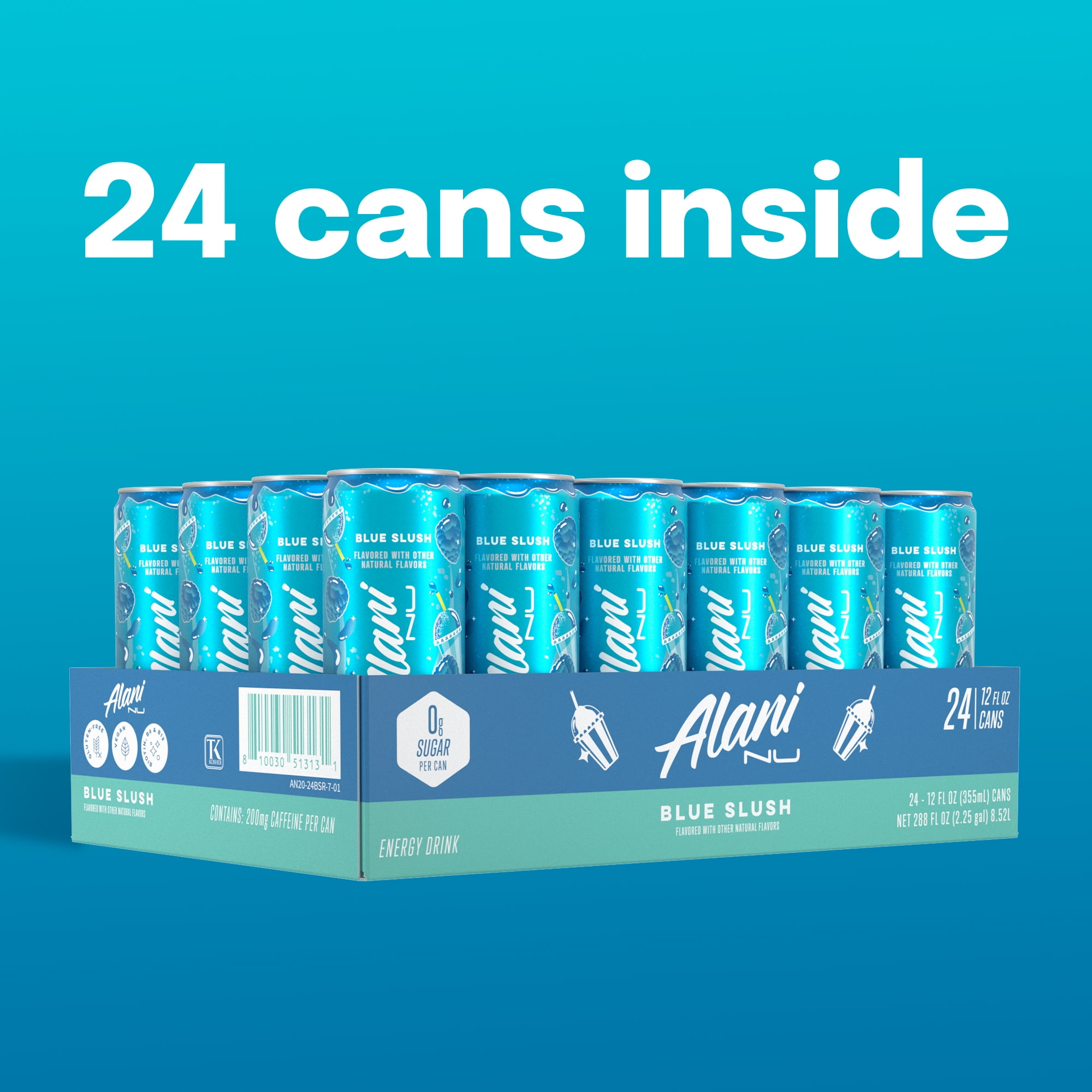 Alani Nu Sugar Free Energy Drink, Blue Slush, 12 fl oz, 24 Pack, Cans, 200mg Caffeine