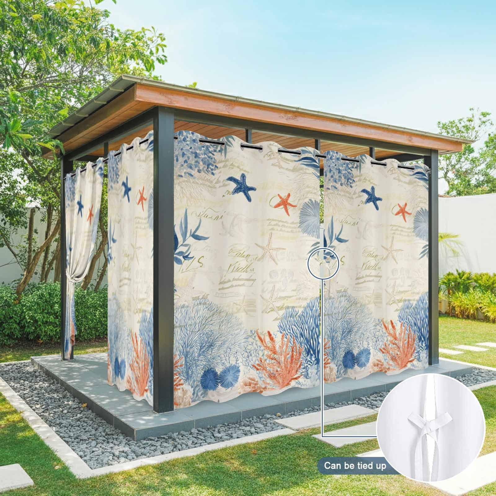 Ocean Corals Outdoor Curtains for Patio, Summer Beach Coral Sea Stars Retro Texture Sunshade Privacy Drapes Grommet Waterproof Outside Curtains for Porch/Cabana/Balcony 54"x 108", 1 Panel