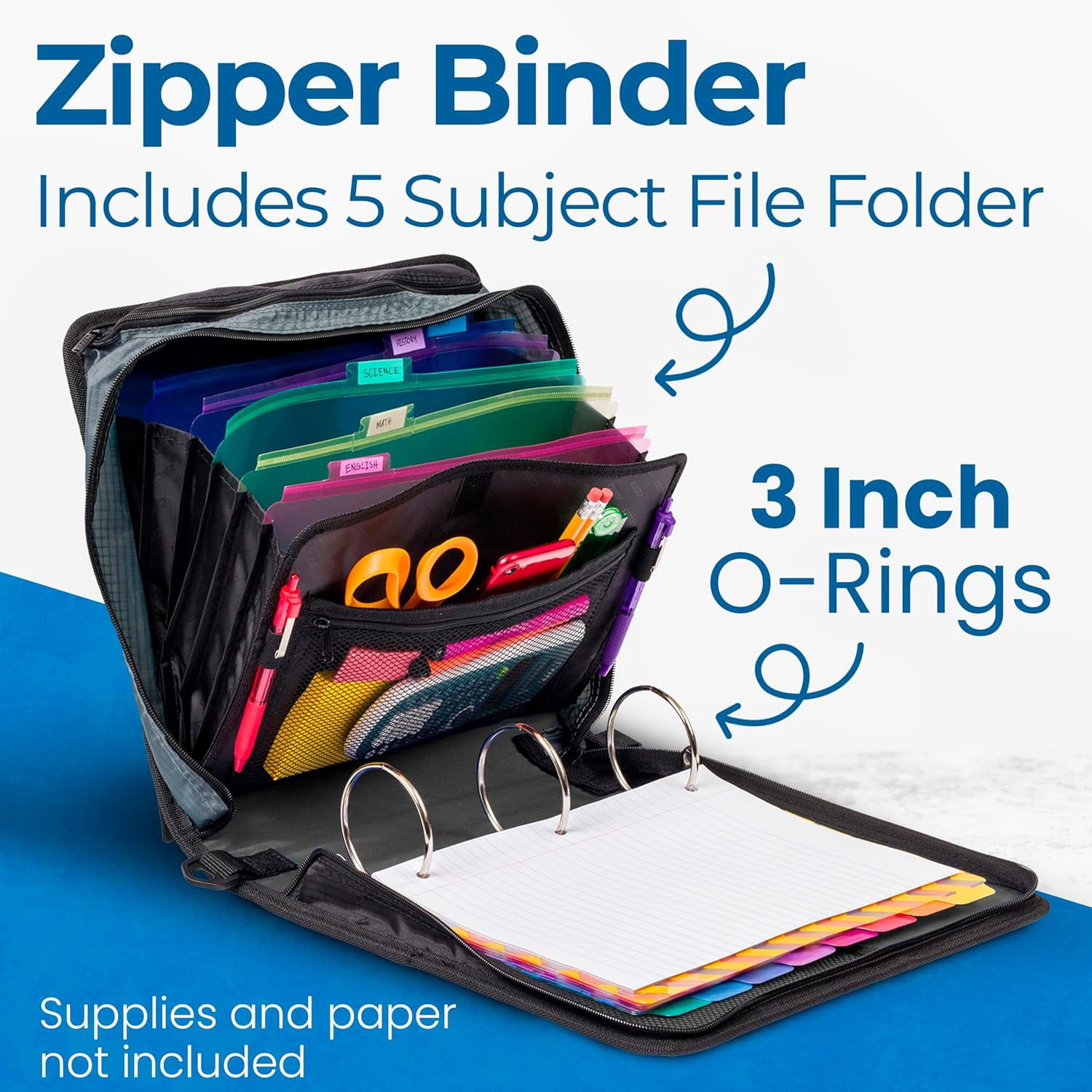 Case-it The Mighty Zip Tab Zipper Binder - 3 inch O-Rings - 5 Color Tab Expanding File Folder - Multiple Pockets - 600 Sheet Capacity - Comes with Shoulder Strap - Jet Black D-146 (6 pack)