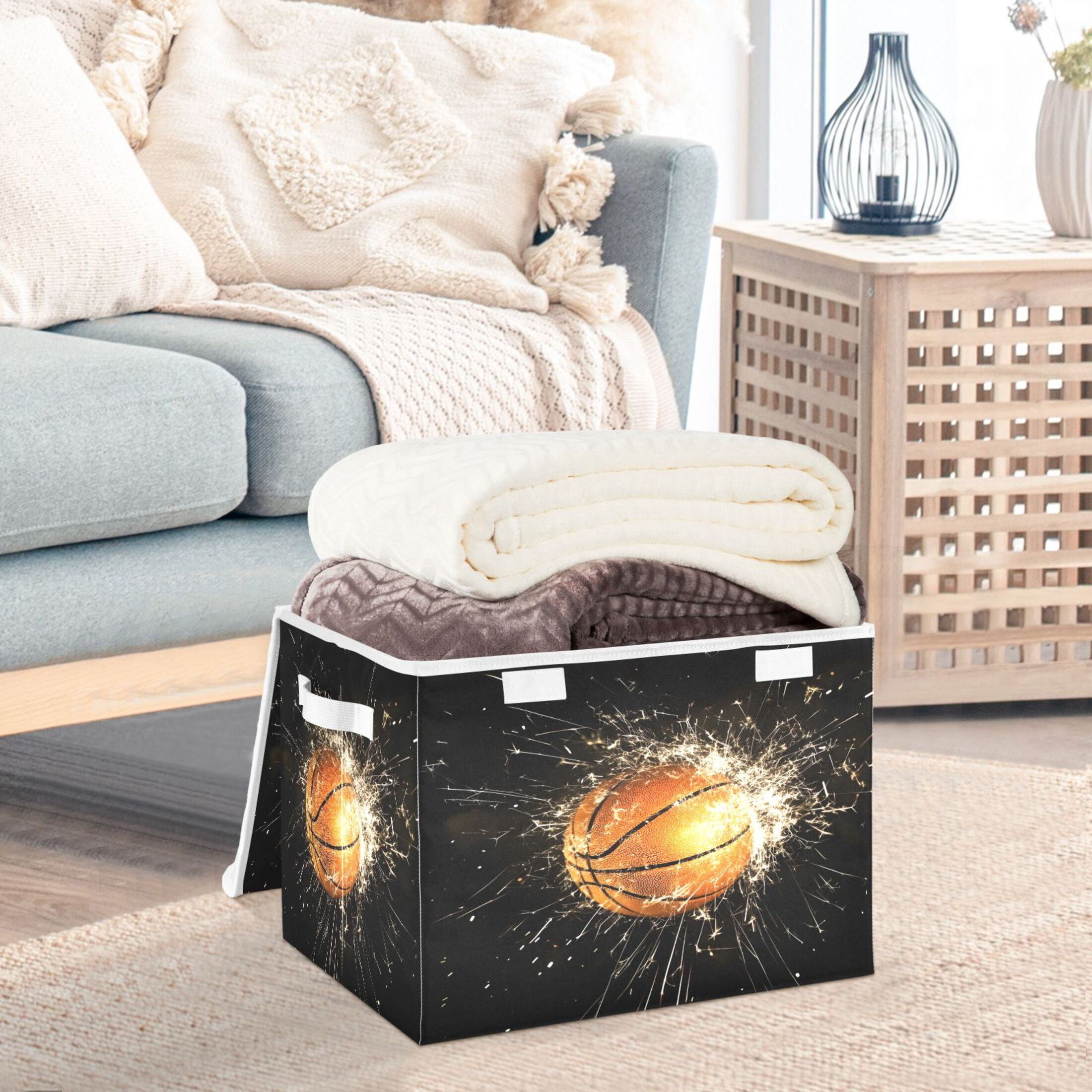 Ryvnso Basketball Large Lidded Foldable Storage Baskets Cubes Boxes Lids Bin for Home