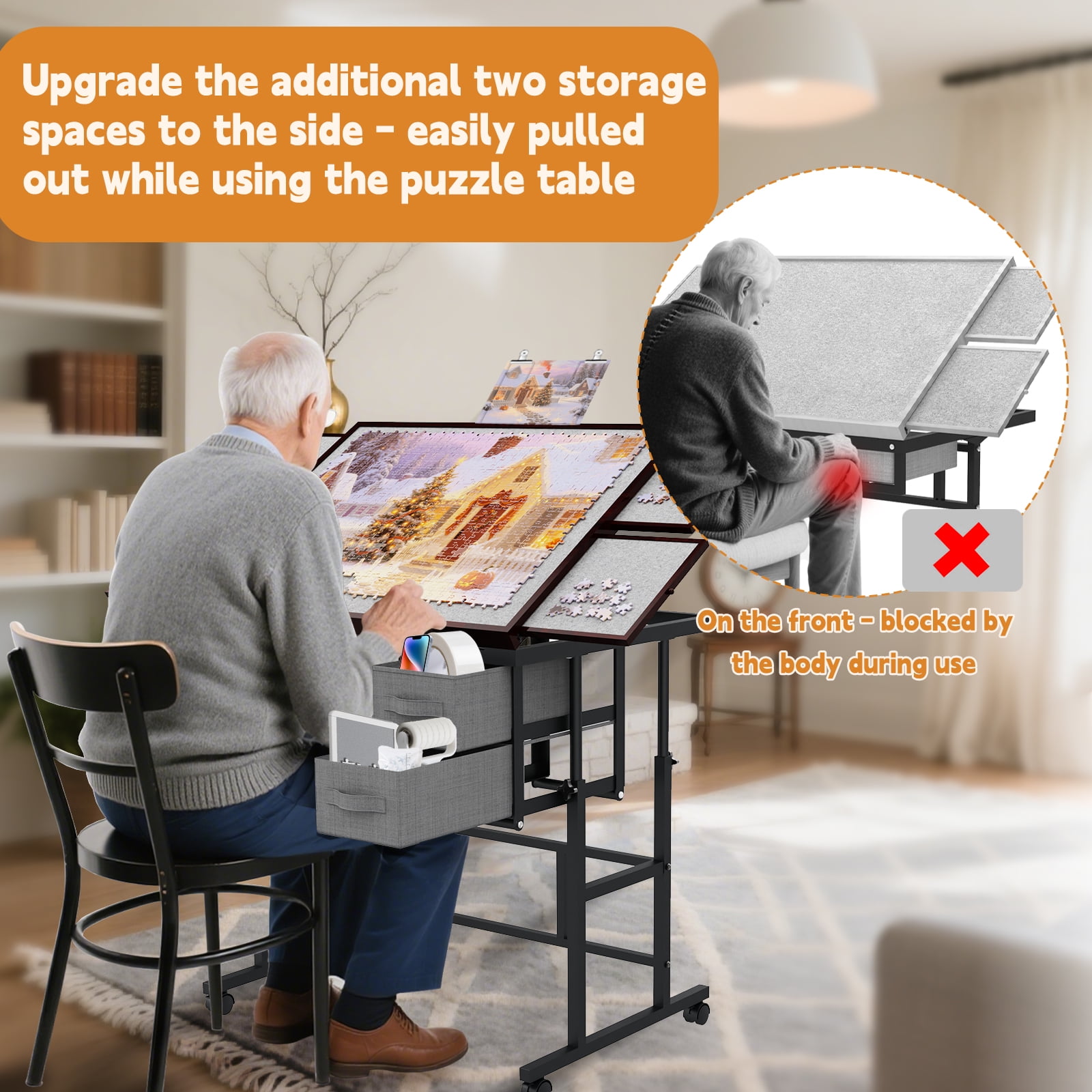 Jigsaw Puzzle Table for Adults with 6 Drawer and Legs, 1500 Pieces Puzzle Table with Protective Cover&Wheels, Adjustable Height and Five up Angles, Coffee&Gray
