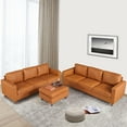 thumbnail image 3 of Brown Leather Sofa, 83" Mid-Century Modern Couch, 3-Seater Sofa with Armrests and Comfy Cushions, Pu Deep Seat Sofas for Living Room, Bedroom, Office, 3 of 7