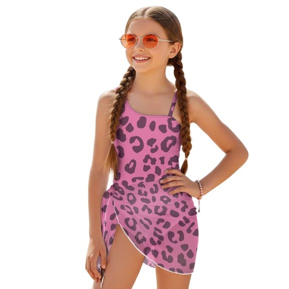 SEANATIVE 7-8 Year Kid Girl Swimsuit with Mesh Skirt Coverup One Piece Bathing Suit Comfortable Stretch Summer Swimwear with Adjustable Strap, Pink Leopard Print