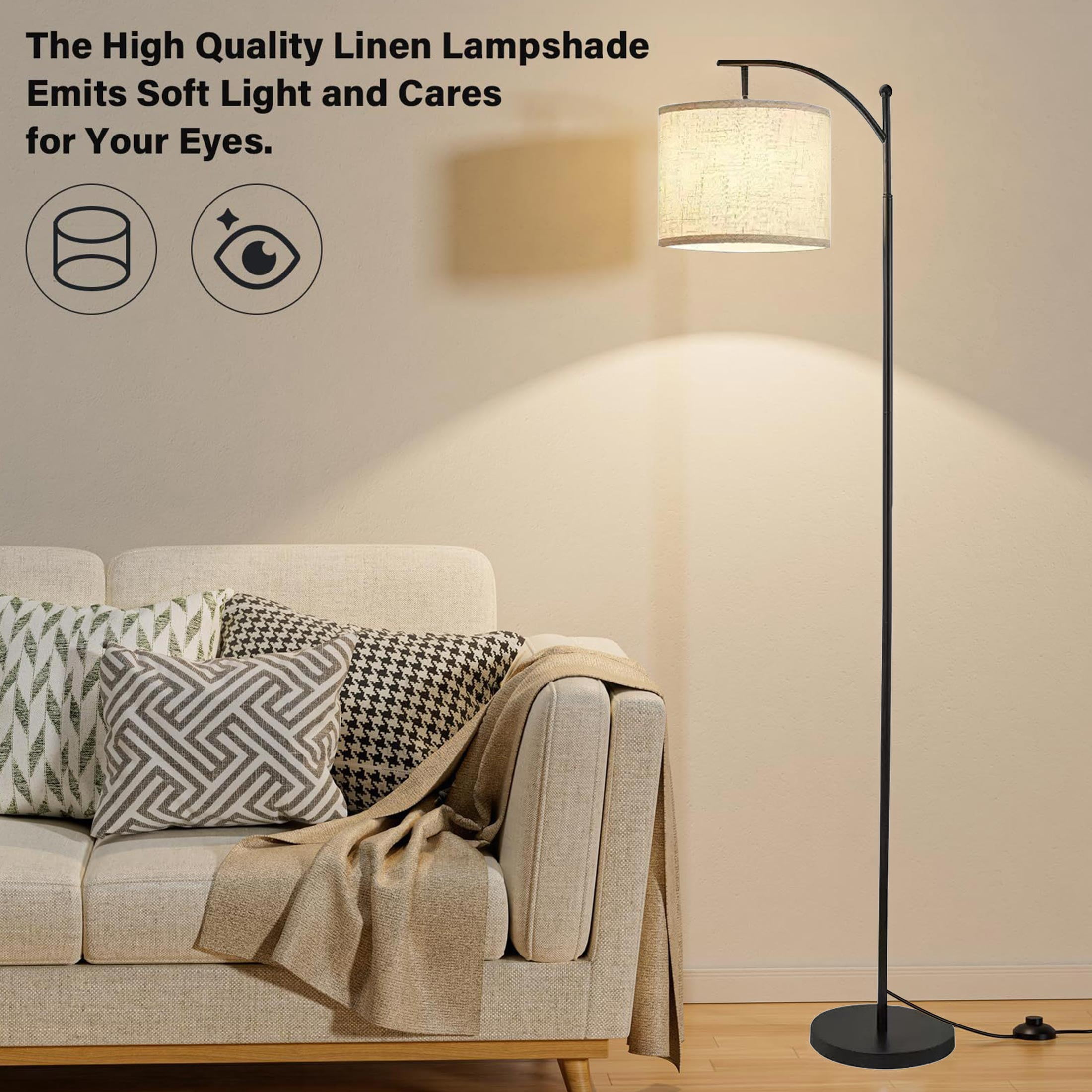 Dimmable Floor Lamp with Remote , Arc Floor Lamps for Living Room, Modern Standing Lamp with Linen Shade & 3 Color Temperatures LED Bulb, Tall Lamp for Bedroom Office Dining Room- Black