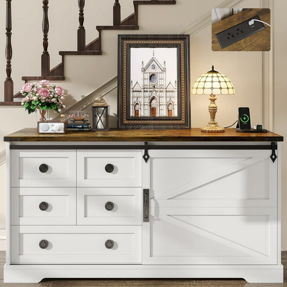 56" Farmhouse Dresser 5 Drawer with Charging Station, Sliding Barn Door Modern Storage Cabinet for Bedroom, Long Dresser Rustic Chest of Drawers Wood Organizer TV Stand for Living Room, Antique White