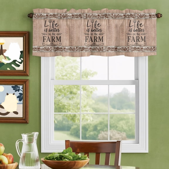 Valances for Windows,Life Is Better on The Farm Words Brown Wood Board Kitchen Curtain Valance Short Rod Pocket Panels Small Window Treatment for Living Room Bedroom Bathroom,42"Wx12"L