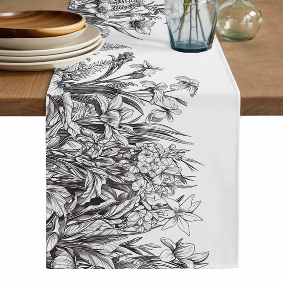 Wildflower Leaf Table Runner, Grey Floral Botanical White Watercolor Washable Cotton Linen Table Runners 36 Inches Long, Dresser Scarf Runner for Nightstand/End Tables/Round Tables 13''x36''