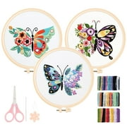 Embroidery Kits for Beginners Butterfly Flower Themed, 3 Sets Sewing Cross Stitch Starter Kit Craft Stamped Cloth with Embroidery Hoops Threads and Needles for Adult Home