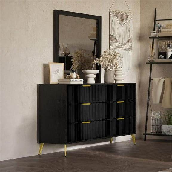 Pemberly Row Contemporary Wood Dresser with Mirror Set in Black