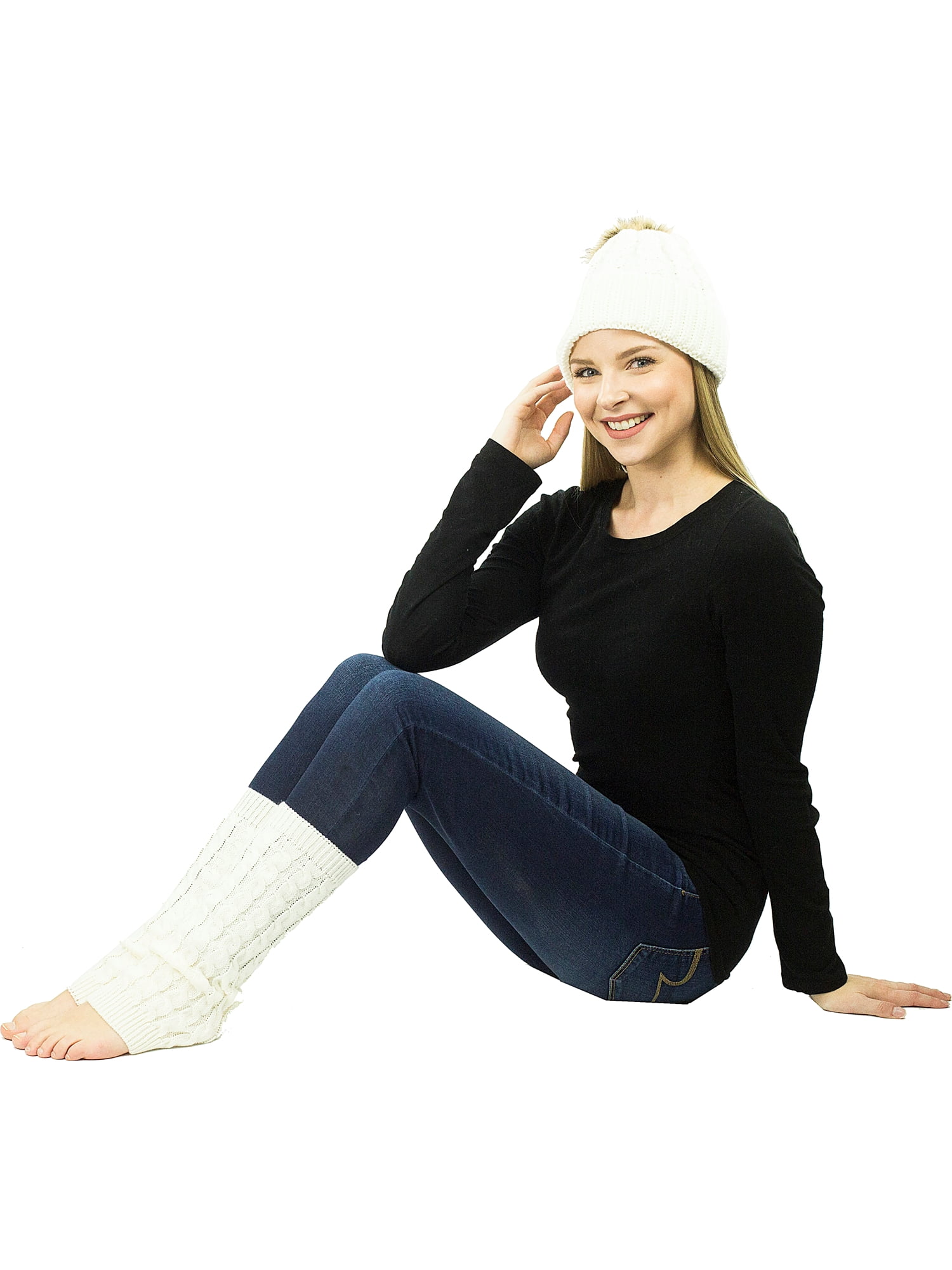 Exotic Identity Pom Pom Hat and Leg Warmers Cable Knit 2Piece Gift Set