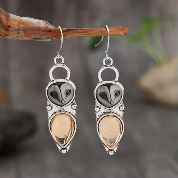 HOOUN Vintage Owl Design Synthetic Gems Inlaid Dangle Earrings Bohemian Party Jewelry-Silvery Owl