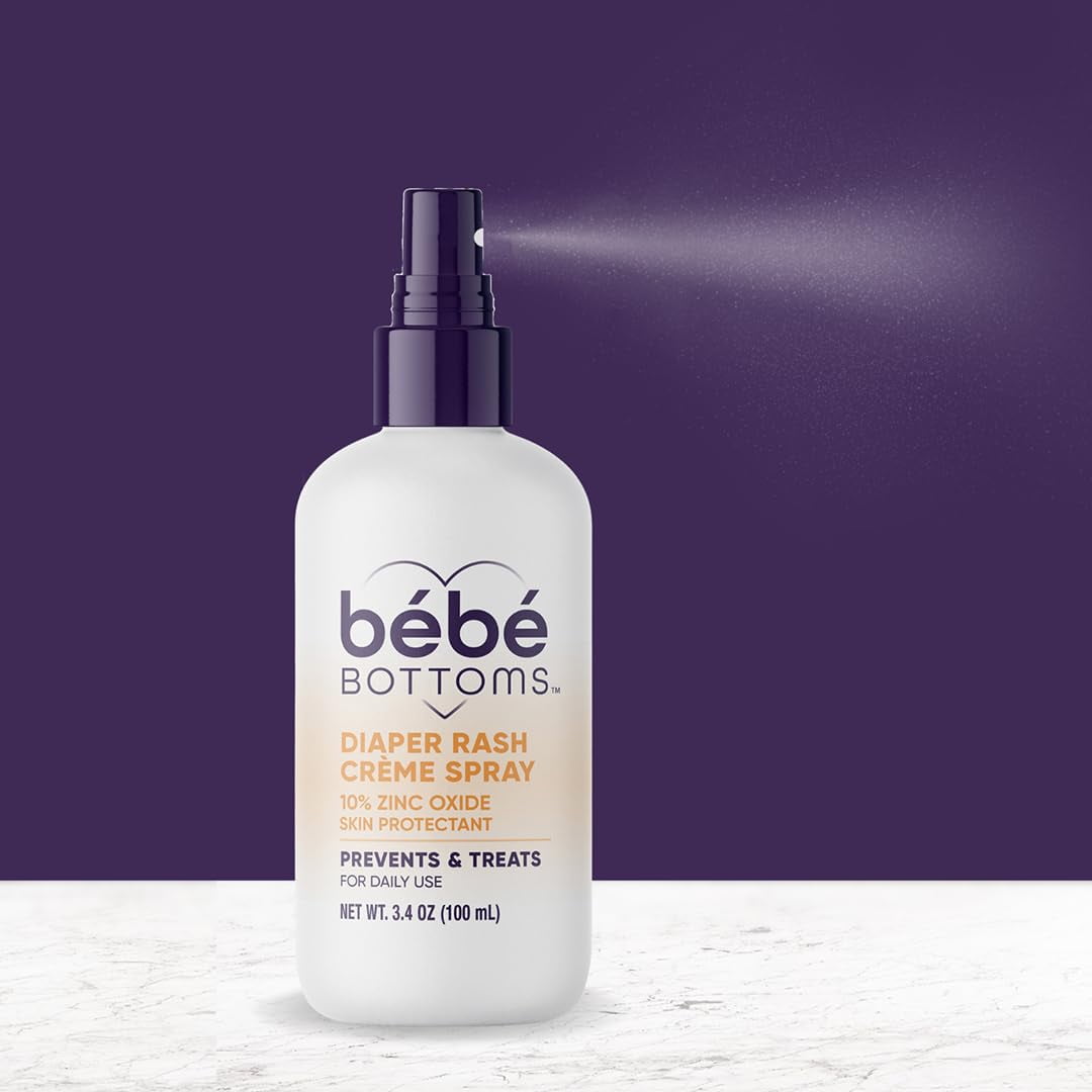 (4 pack) Bébé Bottoms Diaper Rash Cream Spray - Paraben, Dye & Fragrance Free, No-Rub Touch Free Application for Sensitive Skin - Quick Relief & Comfort (100 ml)