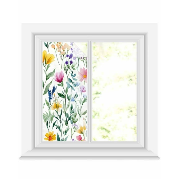 Window Privacy Film Spring Flower Stained Glass Window Film Decorative Sun Block Window Cover Boho Farmhouse Leaf Country Retro Plant Window Clings Static Adhesive Sticker for Bathroom 17.7"x39.3"