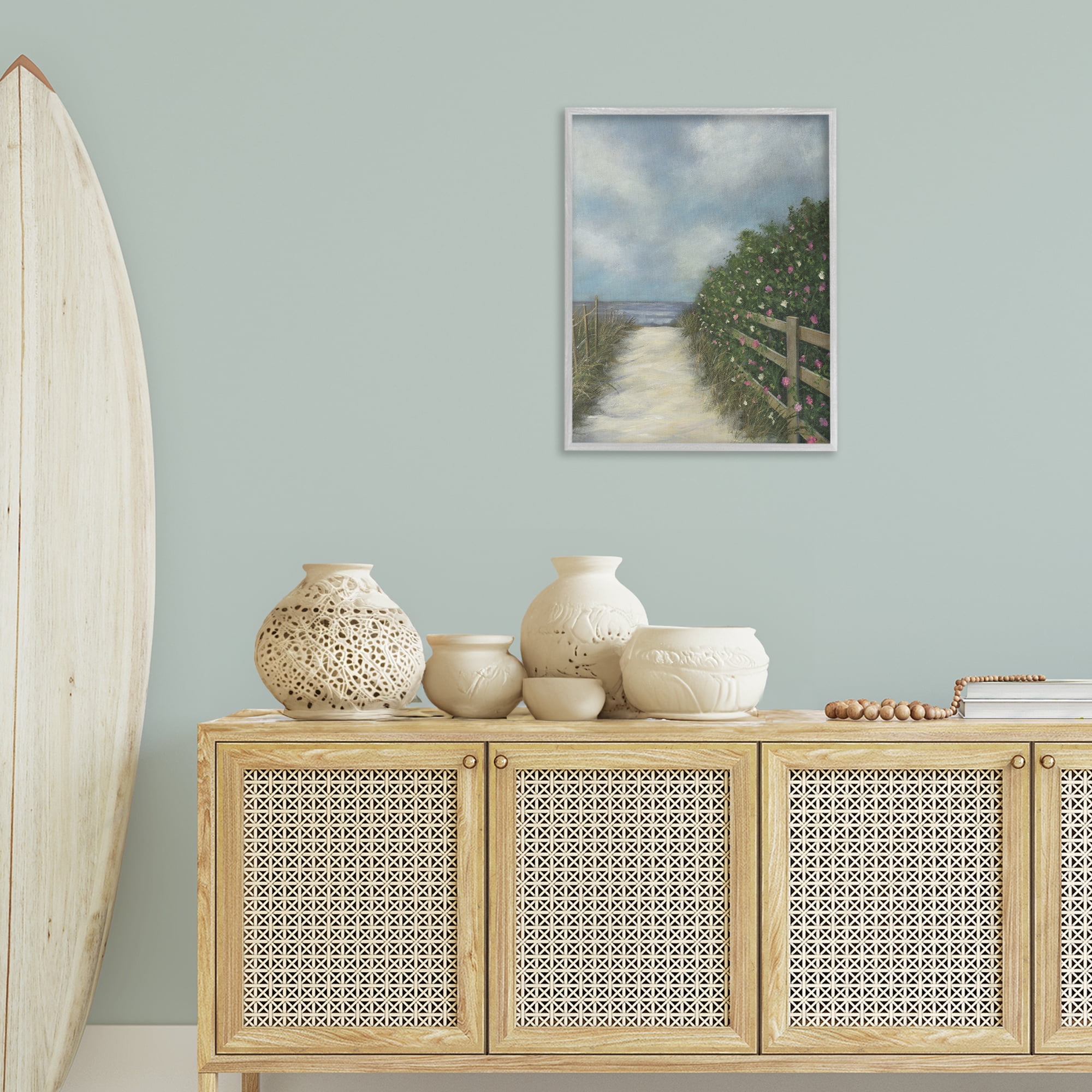 Stupell Industries Floral Lined Beach Path Landscape Painting Gray Framed Art Print Wall Art, 24 x 30