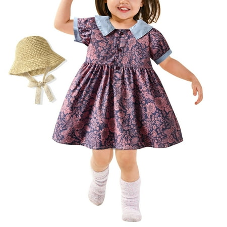 

Borniu Girls Dresses Toddler Kids Baby Girls Summer Retro Print Puff Sleeve Dress Princess Dress+Hat Suit Toddler Dress Clearance