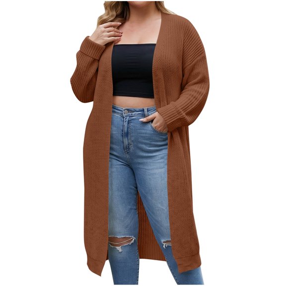 Fnooota Plus Size Women's Cardigans Mid-Length, Loose Fit Casual Long Sleeve Open Front Knitted Outerwear Brown Size XL