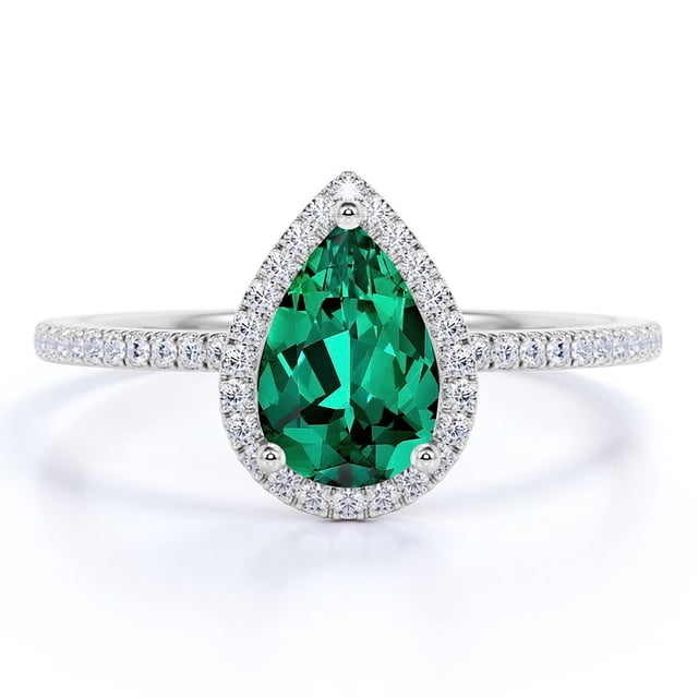 JeenMata Anillo de Compromiso de 1 Quilate con Piedra Natal de Mayo en Corte de Pera - Anillo de Bodas - Anillo de Halo - Anillo Pavé - Anillo de Promesa - Baño de Oro Blanco de 18 K sobre Plata
