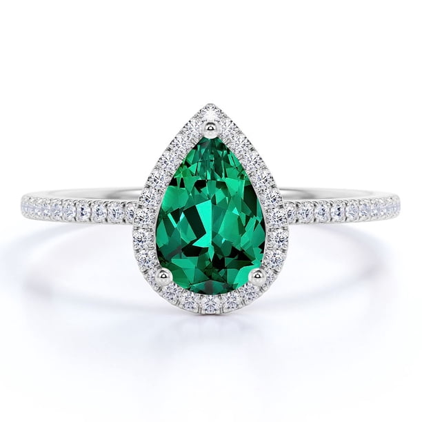 JeenMata Anillo de Compromiso de 1 Quilate con Piedra Natal de Mayo en Corte de Pera - Anillo de Bodas - Anillo de Halo - Anillo Pavé - Anillo de Promesa - Baño de Oro Blanco de 18 K sobre Plata