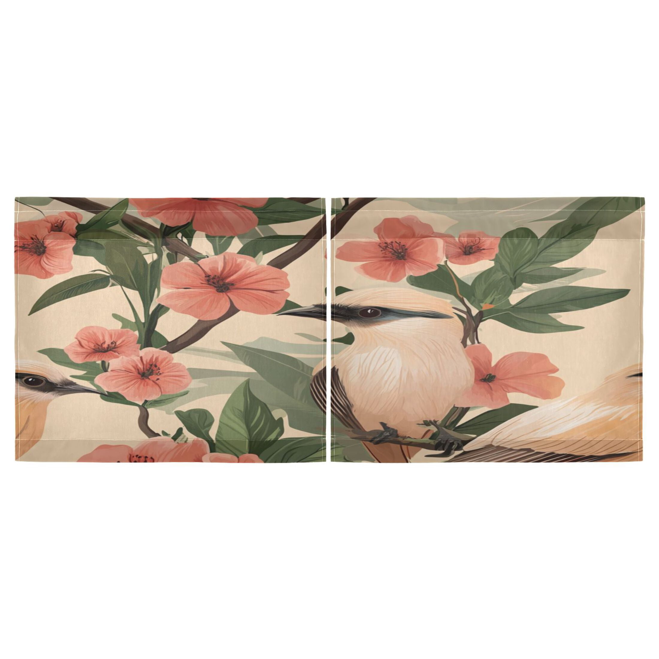 Charming Birds and Flowers 27"x36" Linen Look Cafe Curtain Set with Privacy and UV Protection